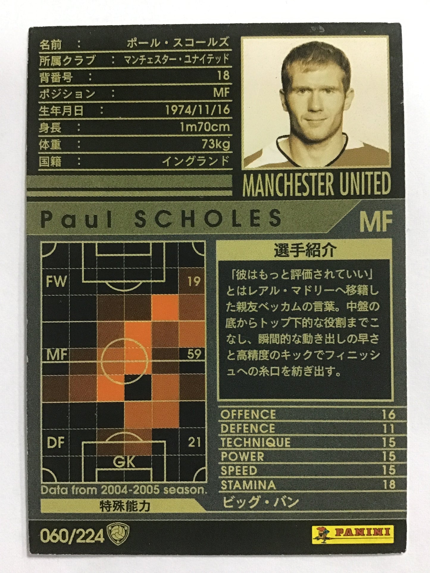 [JP] 04-05 ポール・スコールズ/ポールスコールズ/ﾎﾟｰﾙｽｺｰﾙｽﾞ - 060/224/黒 (2004-2005)