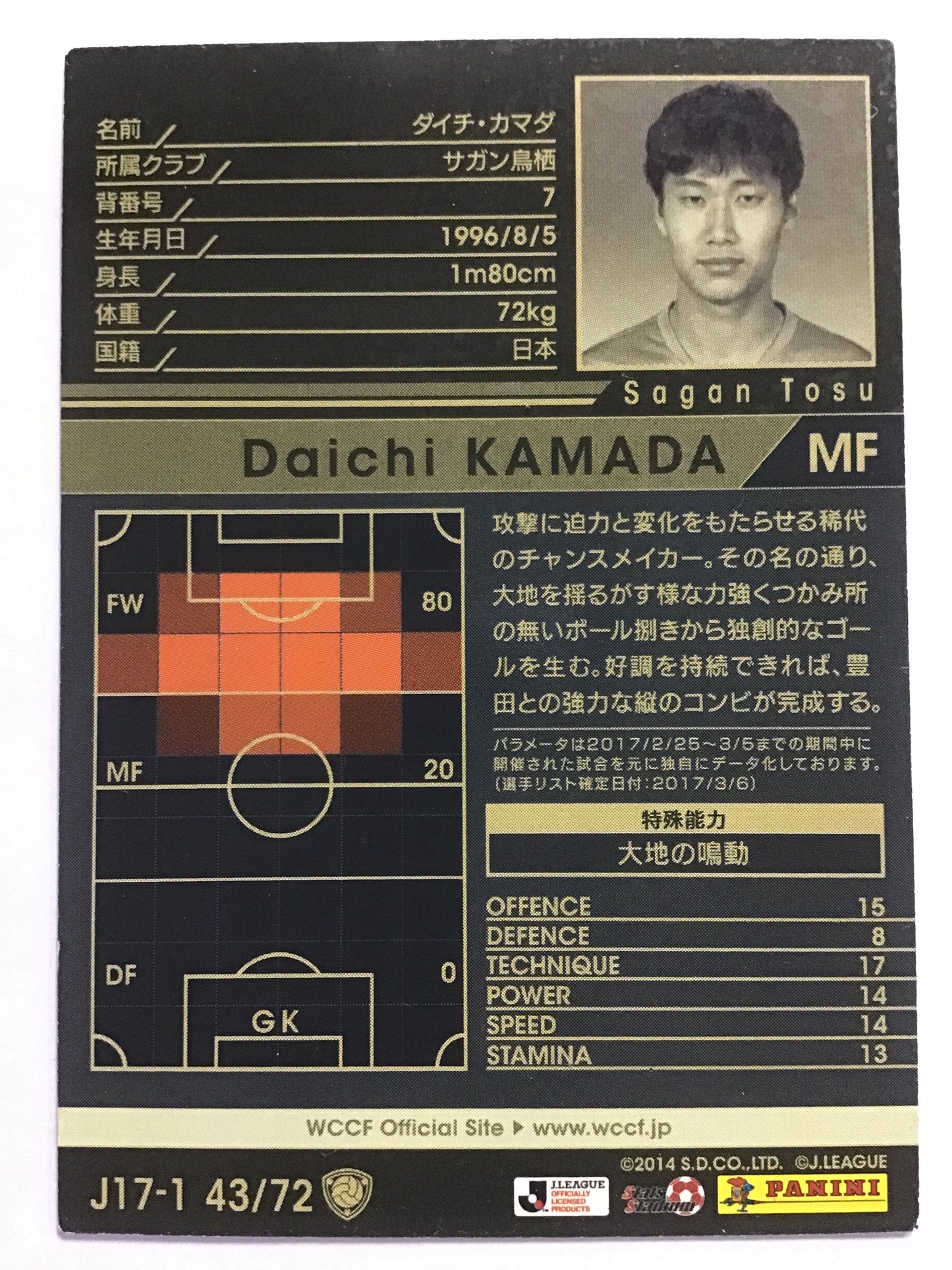[JP] 16-17 ダイチ・カマダ/ダイチカマダ/ﾀﾞｲﾁｶﾏﾀﾞ - J17-1 43/72/白 (2016-2017)(V3.0)
