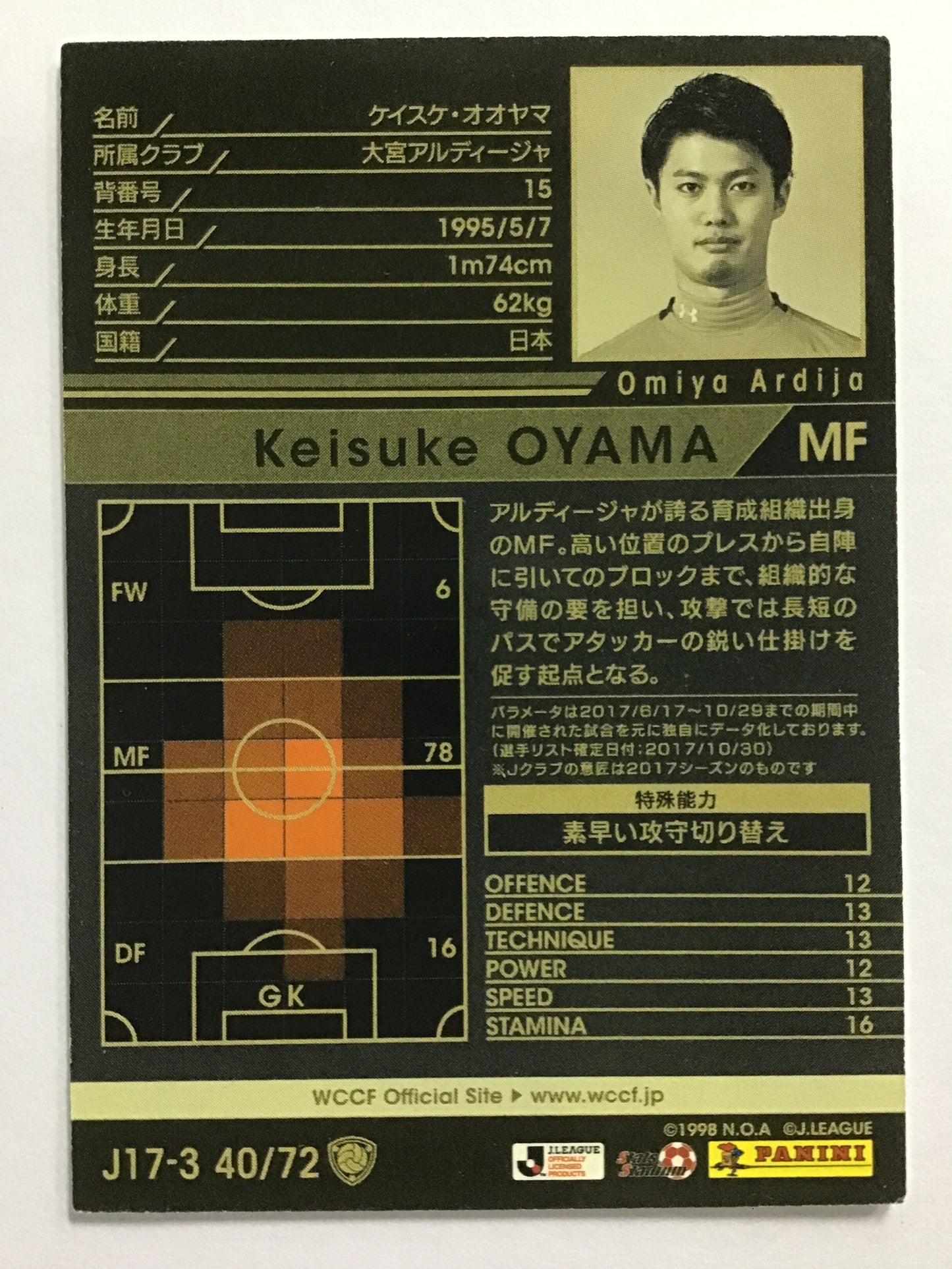 [JP] 17-18 ケイスケ・オオヤマ/ケイスケオオヤマ/ｹｲｽｹｵｵﾔﾏ - J17-3 40/白 (2017-2018)