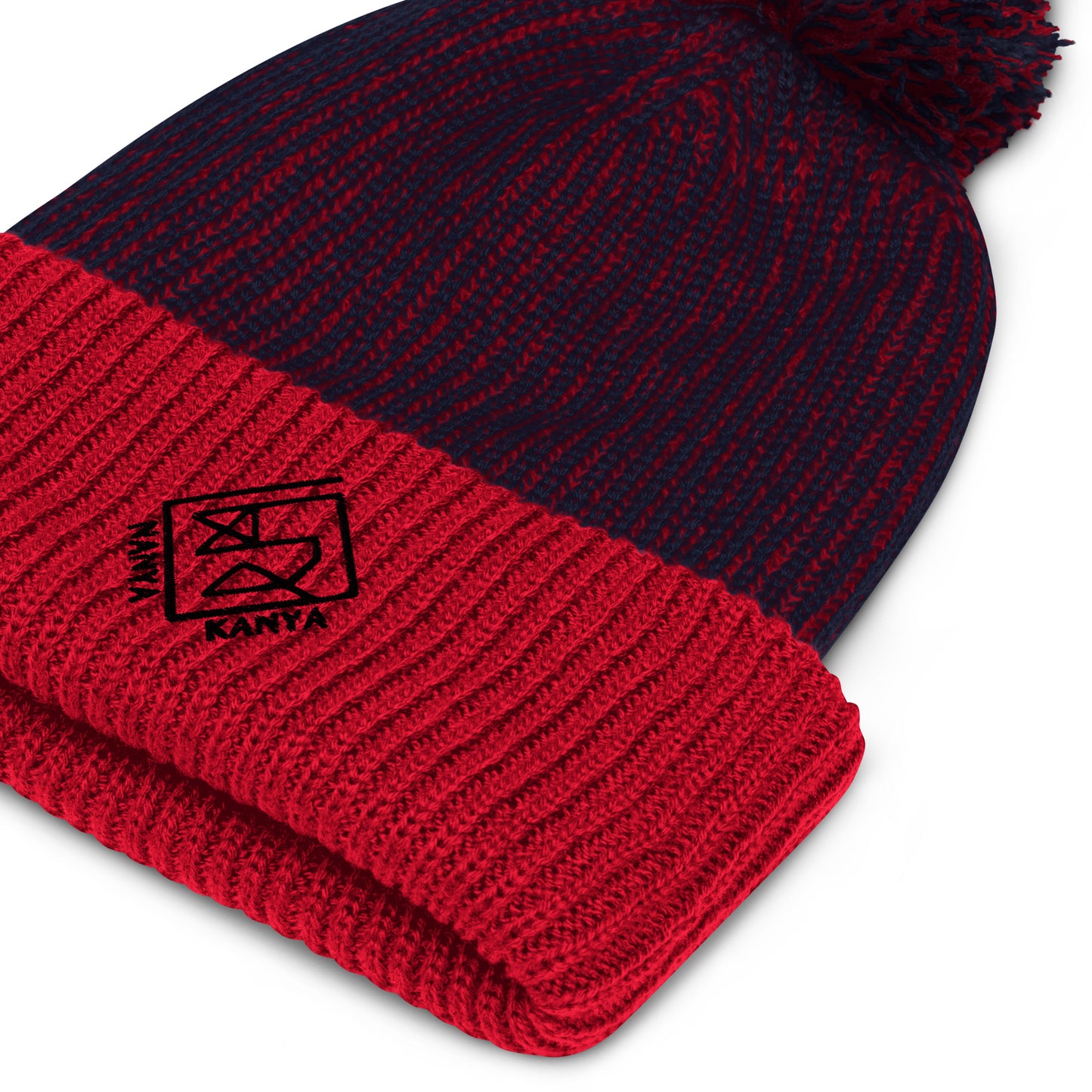 Reverse sponsored knit hat with pompom